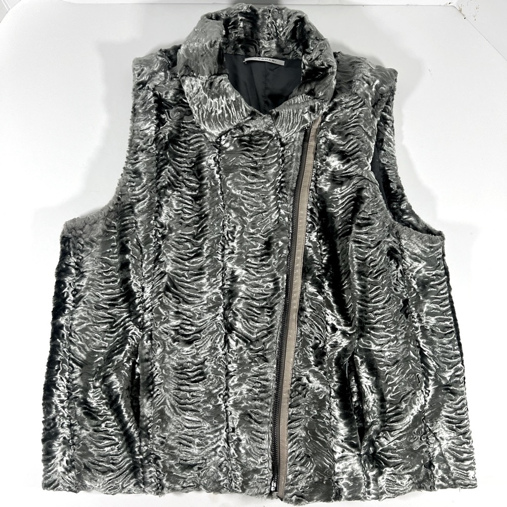 Tahari Faux Fur & Real Leather Moto Vest Sz L
